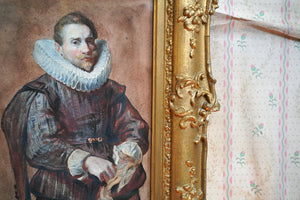 After Sir Anthony van Dyck; A Mid-19thC Watercolour Portrait of a Gentleman Putting on his Gloves c.1830-40