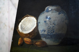 An Early 20thC British School Oil on Canvas Still life of a Coconut & Ginger Jar c.1900