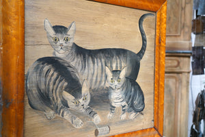 An Early 19thC English Naïve School Oil on Panel of Kittens Playing with a Reel of Thread c.1830-40