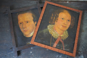 A Pair of Early Victorian Oil on Canvas Naïve School Portraits of a Lady & Gentleman c.1835-45