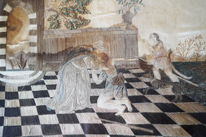 An Early 18thC English Embroidered Silkwork & Watercolour of The Prodigal Son