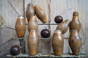 A Set of Nine Edwardian Period Skittles & Three Lignum Vitae Balls c.1900