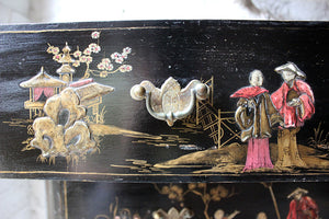 A Beautiful Late 19thC Black Japanned & Chinoiserie Decorated Chest of Drawers