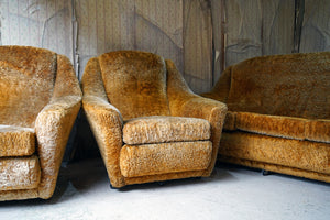A Mid-20thC Tangerine Orange Shag Pile Upholstered Three-Piece Suite c.1960