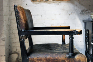 A Good Victorian Aesthetic Movement Ebonised & Leather Upholstered Armchair c.1880