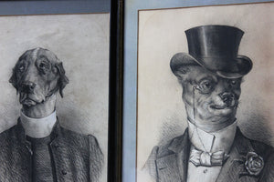 A Wonderful Pair of c.1885 Charcoal Portraits of Anthropomorphised Hounds