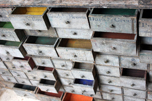 A Large & Rare Early 19thC Bank of 100 Painted Pine Artist’s Supplier Pigment Drawers c.1830