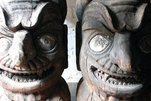 A Rare Pair of Large c.1880 American Circus Wagon Fragments Carved as Demonic Busts