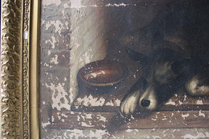 A Charming c.1880 English School Oil on Canvas of a Dog in a Kennel
