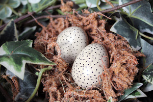 A Rare Pair of 19thC Hand-Painted Pottery Birds Eggs