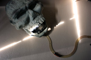 A Very Large Vintage Polychrome Painted Fairground Human Skull from a Ghost Train Ride c.1960