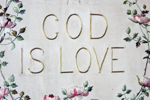 An Edwardian Gilt-Framed & Heart-Shaped Verre Eglomisé Needlework Panel; ‘God is Love’ c.1902