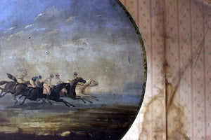 An Unusual 19thC French Ebonised Tripod Table Painted with a Horse Racing Scene