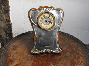 A Splendid Art Nouveau Silver & Oak Easel Clock, Hallmarked for Joseph Gloster, Birmingham 1906