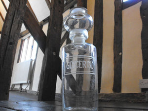 A Scarce Late 19thC Etched Glass Apothecary Bottle for Glycerin, the Stopper in the Form of a Funnel