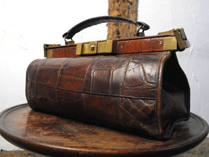 A Gorgeous Edwardian Crocodile Skin & Silk Lined Gladstone Handbag