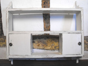 A Painted Set of Vintage 1940's Oak Hanging Shelves Having Two Cupboards