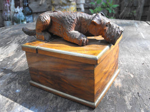An Unusual & Whimsical Art Deco Walnut Box Surmounted by an Articulated Terrier
