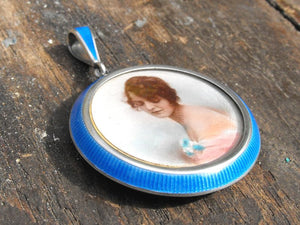 An Elegant Silver & Guilloche Enamel Circular Locket Pendant with Portrait; Arthur Johnson Smith, Chester, 1909