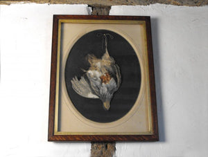 A 19thC Paper-Cut Trompe L'oeil Illusionist Still Life Study Of A Dead Partridge In a Glazed Oak Frame