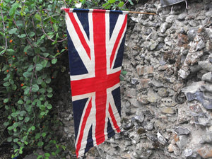 A Large Mounted British Vintage Printed Union Jack Flag on Pole