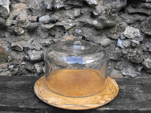 A Good 19thC Sycamore Carved Bread Board with Motto 'Waste Not' & Associated Glass Dome Cover