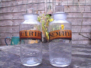 Two Late 19thC Glass Apothecary Bottles with Painted Gold Banners for Hyoscyamus & Iridis