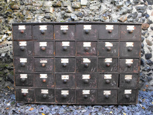 A Highly Sought After Large 19thC Stained Pine Bank of Thirty Drawers