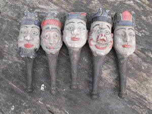 A Rare Complete Set of Five Southern Chinese 'Monkey King' Polychrome Decorated Wood & Gesso Folk Art Puppet Heads