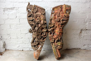 A Colourful Pair of c.1900 Polychrome Carved Wooden Indian Architectural Supports