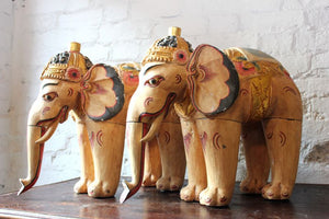 A Decorative Pair of Large Polychrome Carved Vintage Wooden Indian Elephants