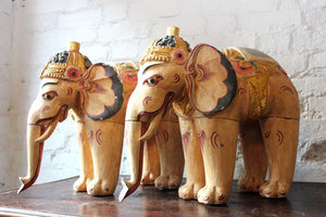 A Decorative Pair of Large Polychrome Carved Vintage Wooden Indian Elephants