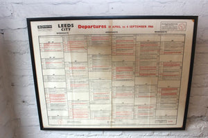 A Large Framed & Glazed British Rail North Eastern Region Leeds City Departures Timetable c.1966