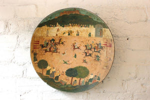 A Beautiful c.1900 Large Hand-Painted Polychrome Wooden Indian Bowl Depicting a Polo Match