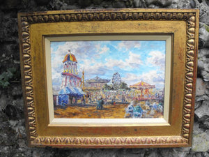 A Charismatic Early 20thC Oil Painting on Board; Fairground Scene by L.O. Udall (b. 1900)