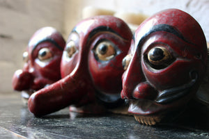 A Decorative Set of Three Early 20thC Indonesian Carved & Painted Hardwood Topeng Theatre Masks