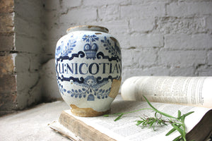 A Wonderful Early 18thC Delftware Dry Drug Jar; For Ointment of Nicotiana