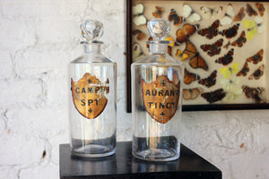 A Superb Pair of c.1870s Glass Apothecary Bottles for Spirits of Camphor & Tincture of Bitter Orange Peel