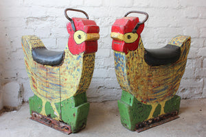 A Pair of Vintage Polychrome Painted Fairground Chickens from a Childrens `Toyset` Roundabout By Jacksons of Congleton c.1935