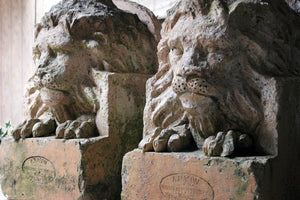 A Good Pair of c.1900 Terracotta Lions by Adam Mason & Sons of Horwich, Lancashire