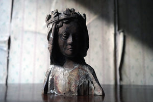 A Rare 14thC French Medieval Gothic Period Carved Oak Bust of A Crowned Lady c.1350