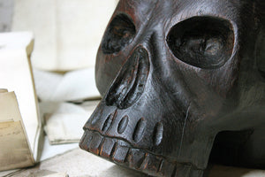 A Quite Wonderful 18thC Carved Oak & Iron Mounted Memento Mori Doorstop Carved as a Human Skull
