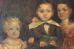 A Large Provincial Naïve School Oil on Canvas Portrait of Three Children c.1820-35