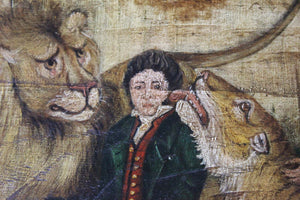 An Interesting English Naïve School Oil on Panel of an Imprisoned Man with Wildcats c.1825-35