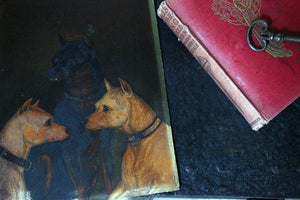 A 19thC English School Oil on Board Study of Two White Terriers & One Manchester Terrier