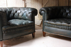 A Pair of Victorian Green Leather Button-Back Upholstered Club Armchairs c.1895