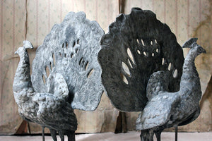 A Large Pair of Late Victorian Lead Sculptures of Peacocks c.1900