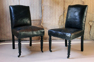 A Pair of 19thC French Black Leather Upholstered & Ebonised Library Chairs c.1880