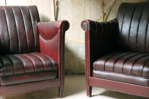 A Pair of French Modernist Burgundy Rexine & Leather Upholstered Armchairs c.1930-40