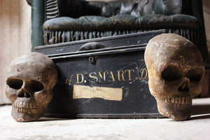 A Pair of Late 19thC Memento Mori Sculpted & Painted Plaster Skulls